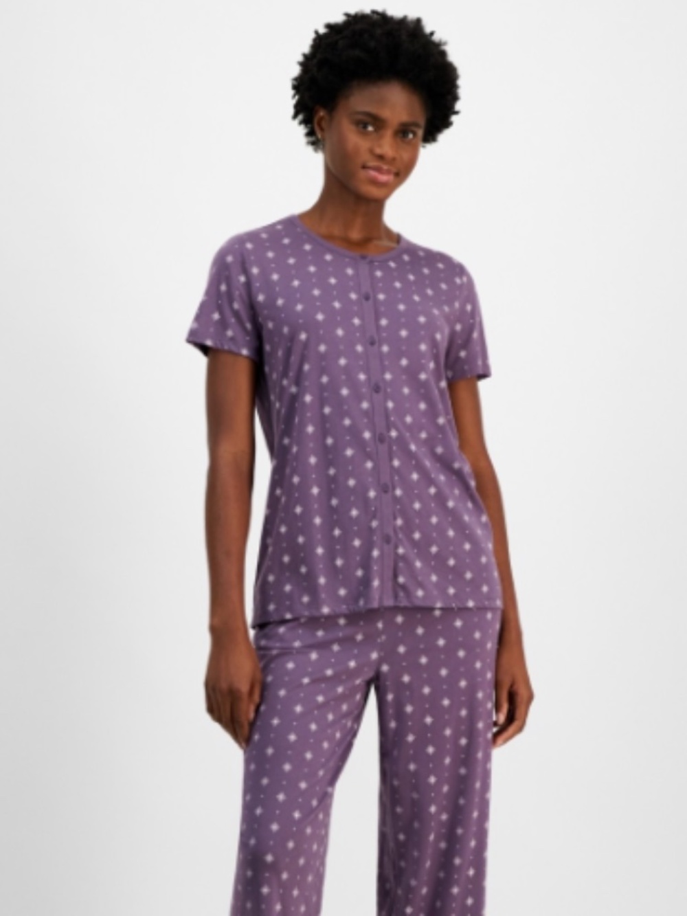 Charter Club Women's Cotton Printed Cropped Pajamas  Top